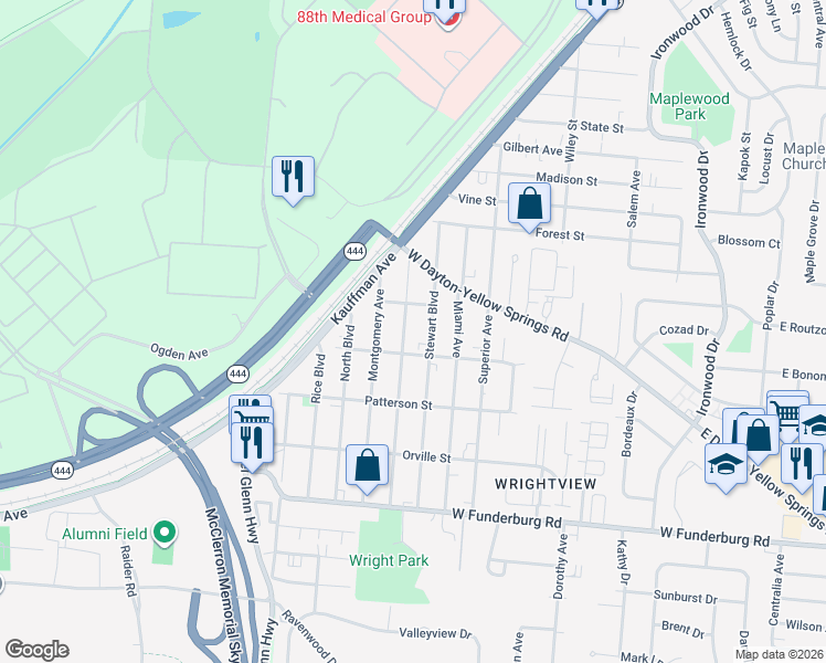 map of restaurants, bars, coffee shops, grocery stores, and more near 1631 Wilbur Avenue in Fairborn