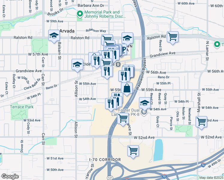 map of restaurants, bars, coffee shops, grocery stores, and more near 7560 West 55th Avenue in Arvada