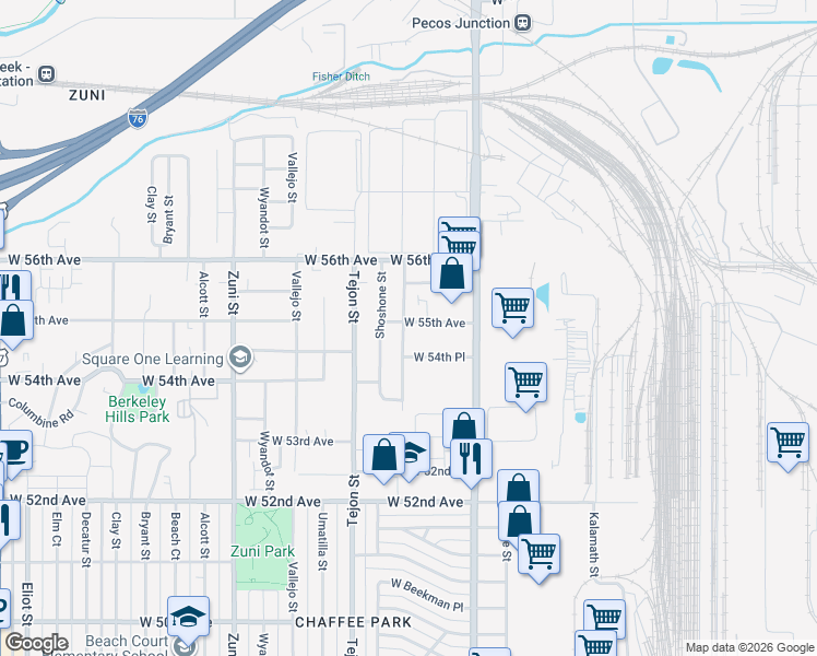 map of restaurants, bars, coffee shops, grocery stores, and more near 5480 Raritan Way in Denver