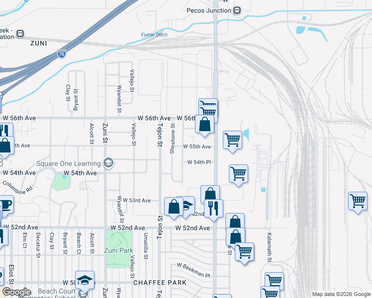 map of restaurants, bars, coffee shops, grocery stores, and more near 5480 Raritan Way in Denver