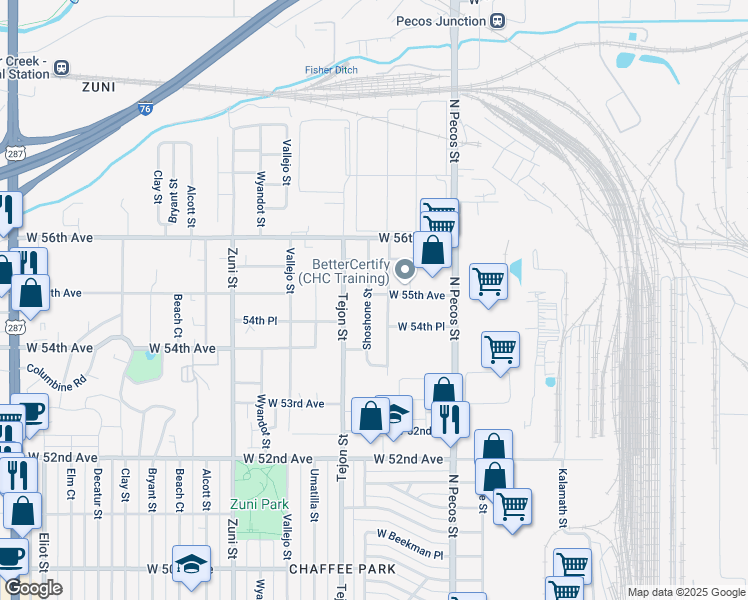 map of restaurants, bars, coffee shops, grocery stores, and more near 5501 Shoshone Street in Denver