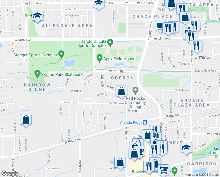 map of restaurants, bars, coffee shops, grocery stores, and more near 10330 West 55th Lane in Arvada