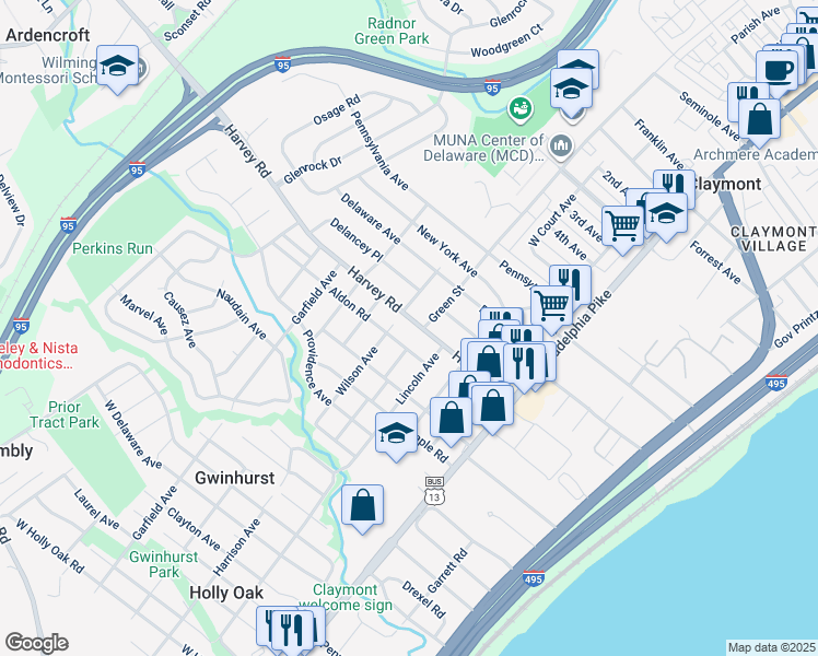 map of restaurants, bars, coffee shops, grocery stores, and more near 500 Harvey Road in Claymont