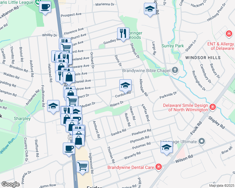 map of restaurants, bars, coffee shops, grocery stores, and more near in Wilmington