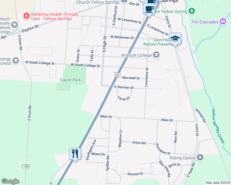 map of restaurants, bars, coffee shops, grocery stores, and more near 1107 Xenia Avenue in Yellow Springs