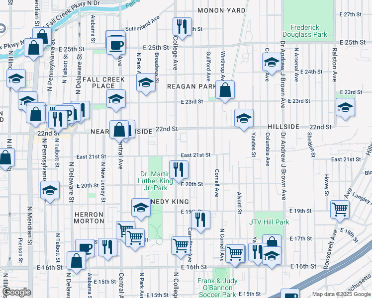 map of restaurants, bars, coffee shops, grocery stores, and more near 2120 Carrollton Avenue in Indianapolis