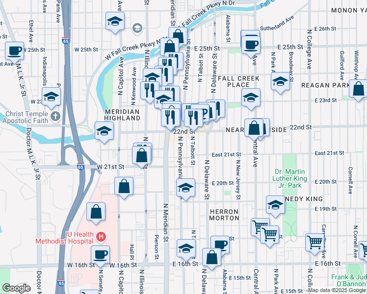 map of restaurants, bars, coffee shops, grocery stores, and more near 2143 North Talbott Street in Indianapolis