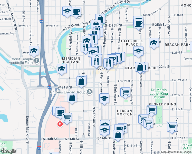 map of restaurants, bars, coffee shops, grocery stores, and more near 2131 North Meridian Street in Indianapolis