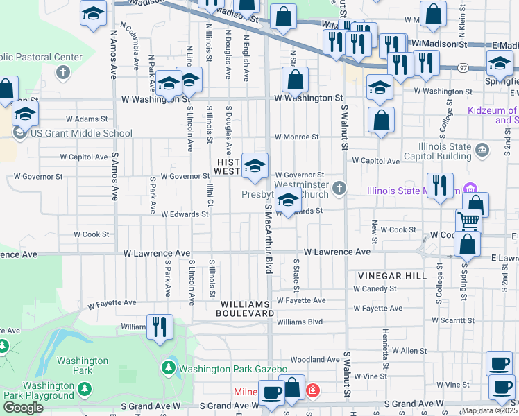 map of restaurants, bars, coffee shops, grocery stores, and more near 547 South MacArthur Boulevard in Springfield