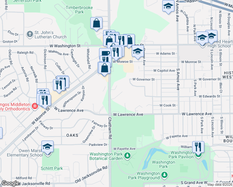 map of restaurants, bars, coffee shops, grocery stores, and more near 2-24 Timber Hill Ln in Springfield