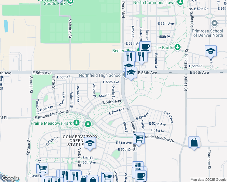 map of restaurants, bars, coffee shops, grocery stores, and more near 5473 Xenia Street in Denver