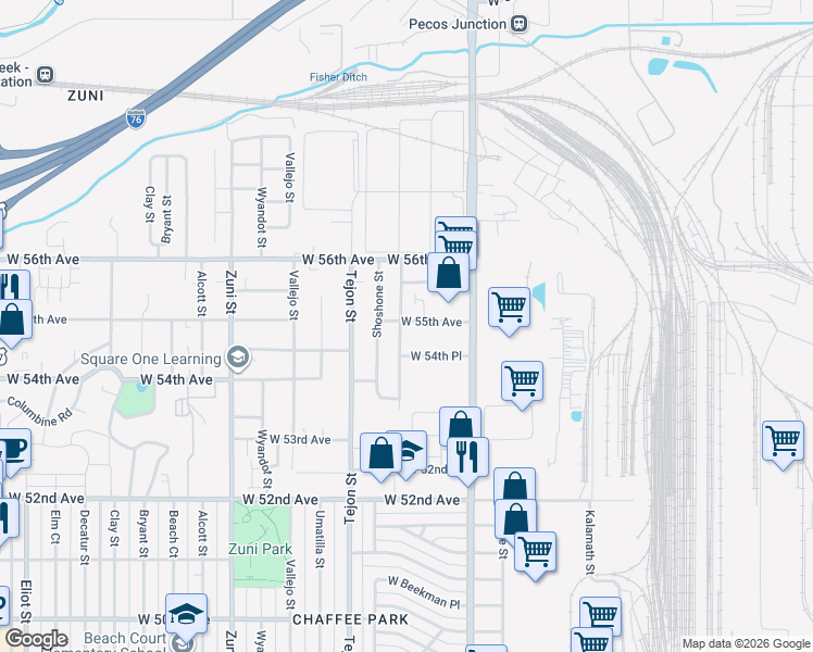 map of restaurants, bars, coffee shops, grocery stores, and more near 5480 Raritan Way in Denver