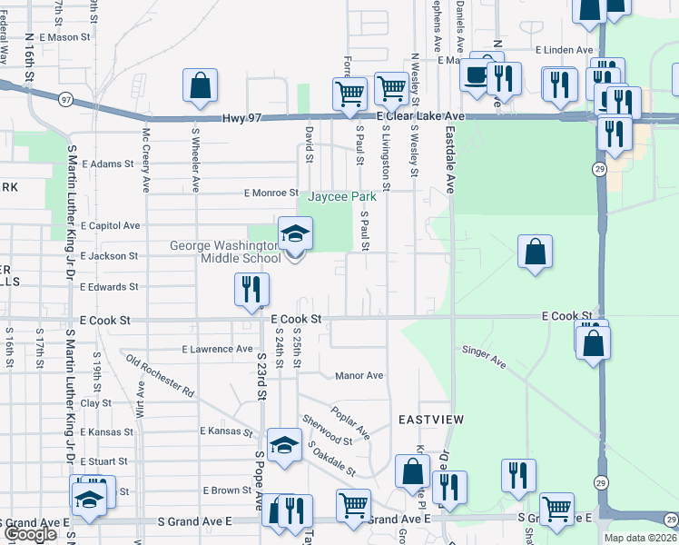 map of restaurants, bars, coffee shops, grocery stores, and more near 505 White City Boulevard in Springfield