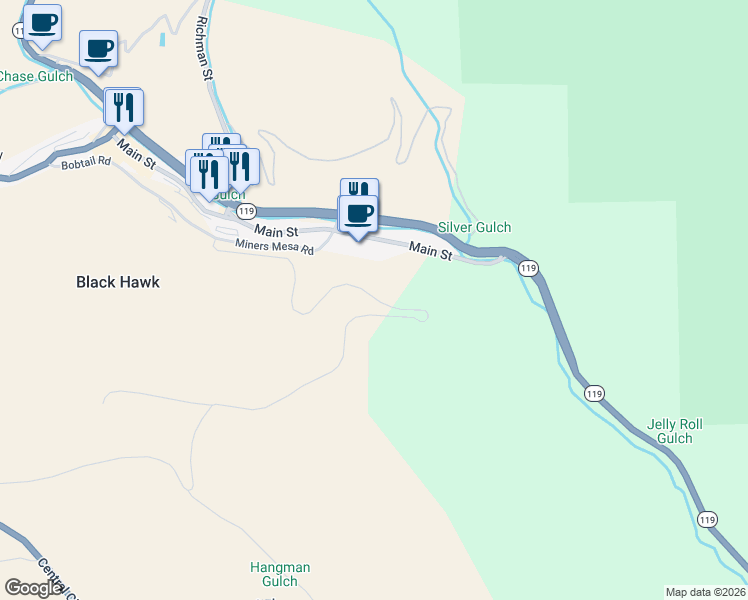 map of restaurants, bars, coffee shops, grocery stores, and more near 401 Main Street in Black Hawk