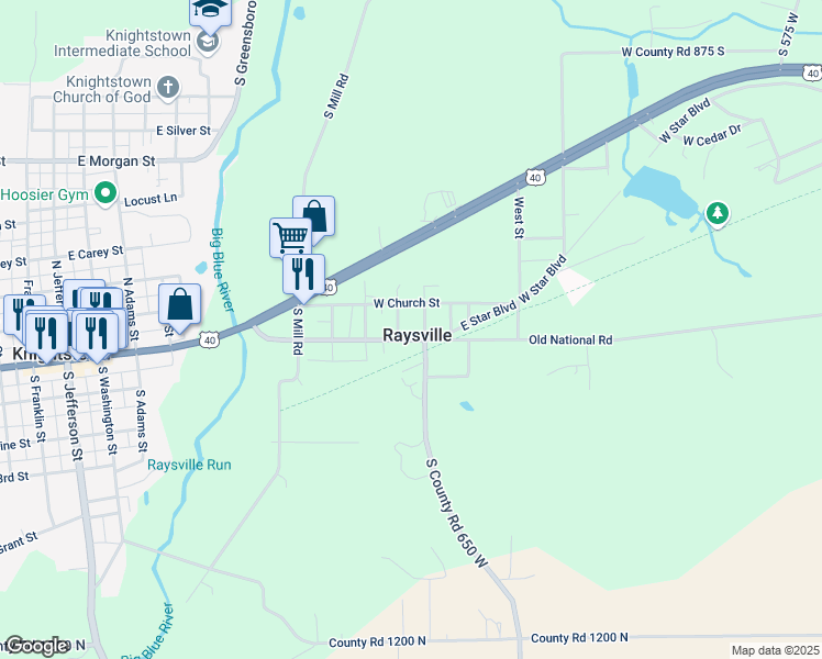 map of restaurants, bars, coffee shops, grocery stores, and more near 9235 South Meridian Street in Knightstown