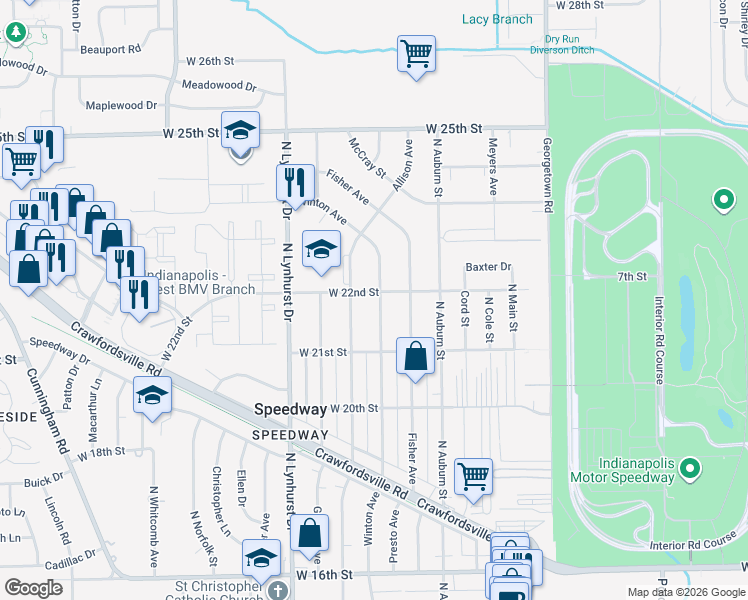 map of restaurants, bars, coffee shops, grocery stores, and more near 5101 West 22nd Street in Speedway