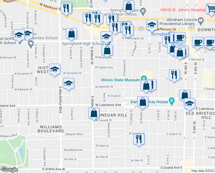 map of restaurants, bars, coffee shops, grocery stores, and more near 517 West Edwards Street in Springfield