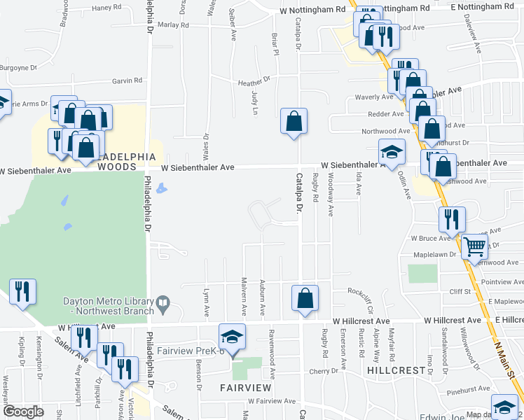 map of restaurants, bars, coffee shops, grocery stores, and more near 576 Daytona Parkway in Dayton