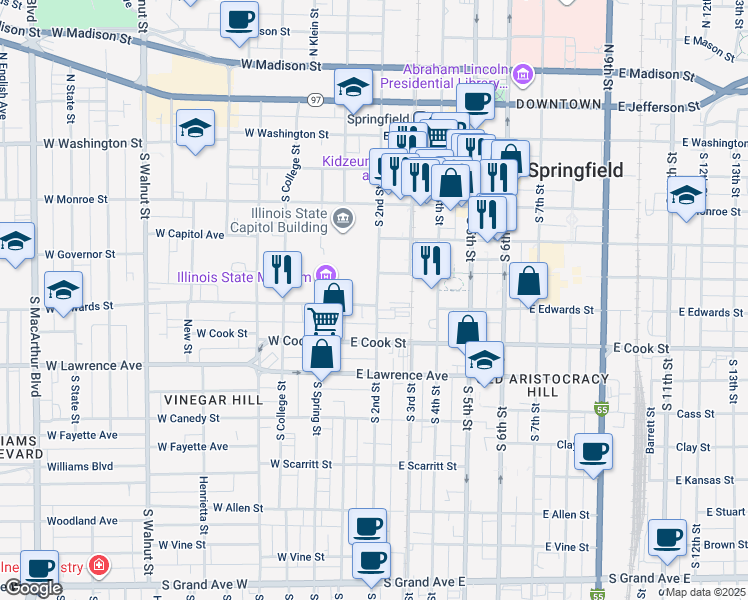 map of restaurants, bars, coffee shops, grocery stores, and more near in Springfield