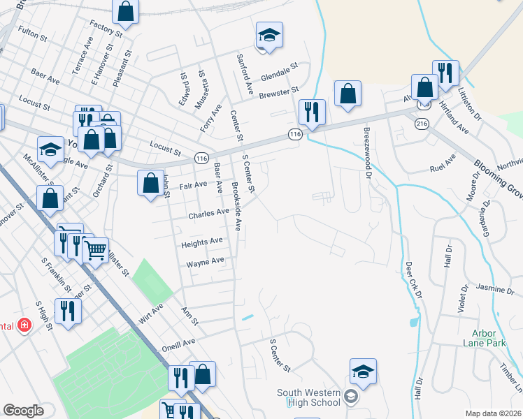 map of restaurants, bars, coffee shops, grocery stores, and more near 105 South Center Street in Hanover