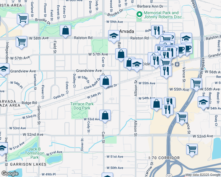 map of restaurants, bars, coffee shops, grocery stores, and more near 5487 Balsam Court in Arvada