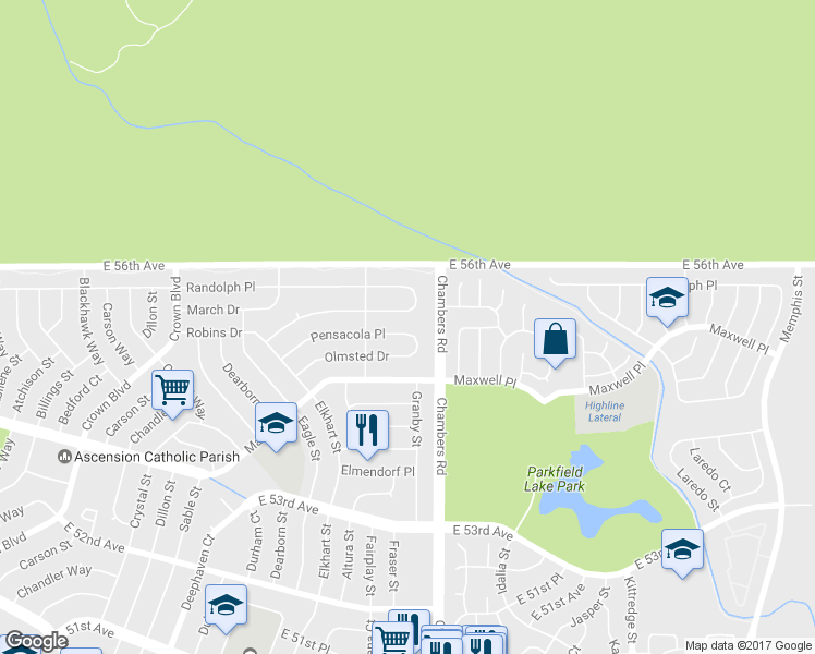 map of restaurants, bars, coffee shops, grocery stores, and more near 15061 Pensacola Place in Denver