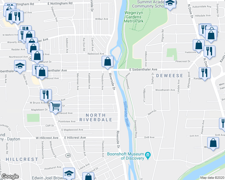 map of restaurants, bars, coffee shops, grocery stores, and more near 3317 Riverside Drive in Dayton