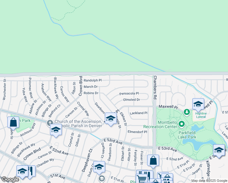 map of restaurants, bars, coffee shops, grocery stores, and more near 14840 Robins Drive in Denver