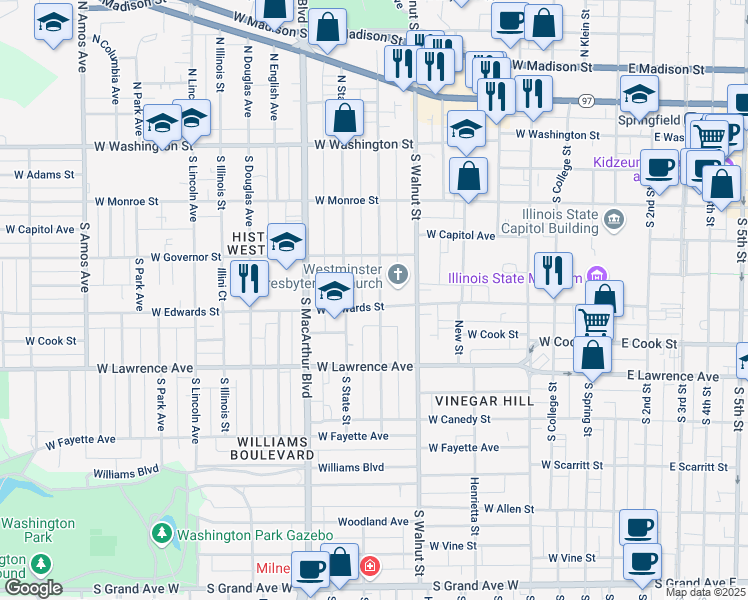map of restaurants, bars, coffee shops, grocery stores, and more near 811 West Edwards Street in Springfield