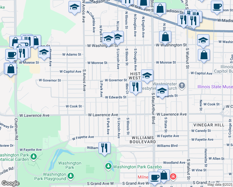 map of restaurants, bars, coffee shops, grocery stores, and more near 545 South Lincoln Avenue in Springfield