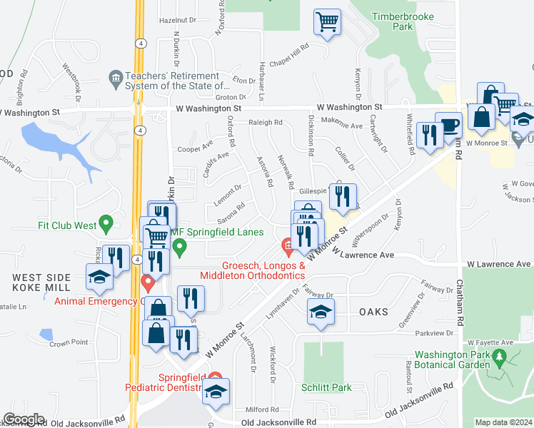 map of restaurants, bars, coffee shops, grocery stores, and more near 305-399 Astoria Rd in Springfield