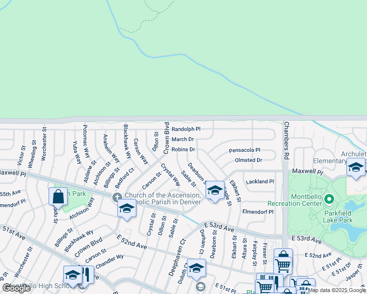 map of restaurants, bars, coffee shops, grocery stores, and more near 14595 Robins Drive in Denver