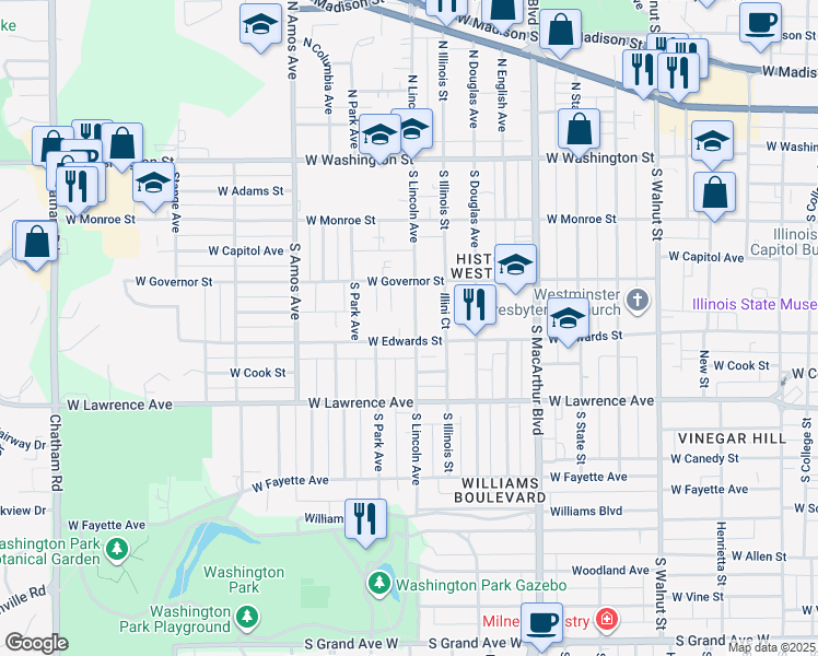 map of restaurants, bars, coffee shops, grocery stores, and more near 545 South Lincoln Avenue in Springfield
