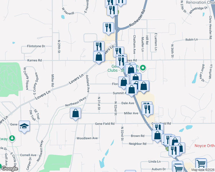 map of restaurants, bars, coffee shops, grocery stores, and more near 3116 Floral Avenue in Saint Joseph