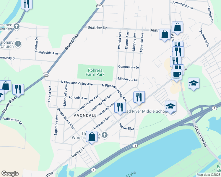 map of restaurants, bars, coffee shops, grocery stores, and more near 2544 Forest Home Ave in Dayton