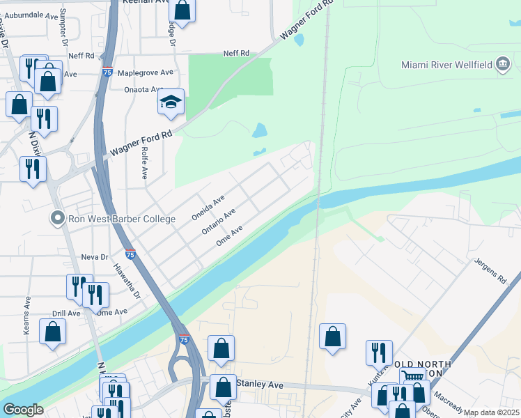 map of restaurants, bars, coffee shops, grocery stores, and more near 2701 Ome Avenue in Dayton