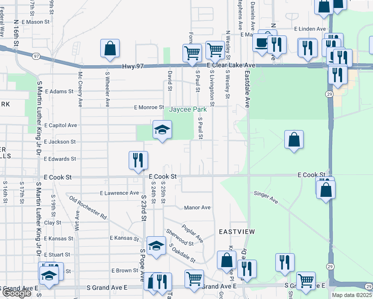 map of restaurants, bars, coffee shops, grocery stores, and more near 505 White City Boulevard in Springfield