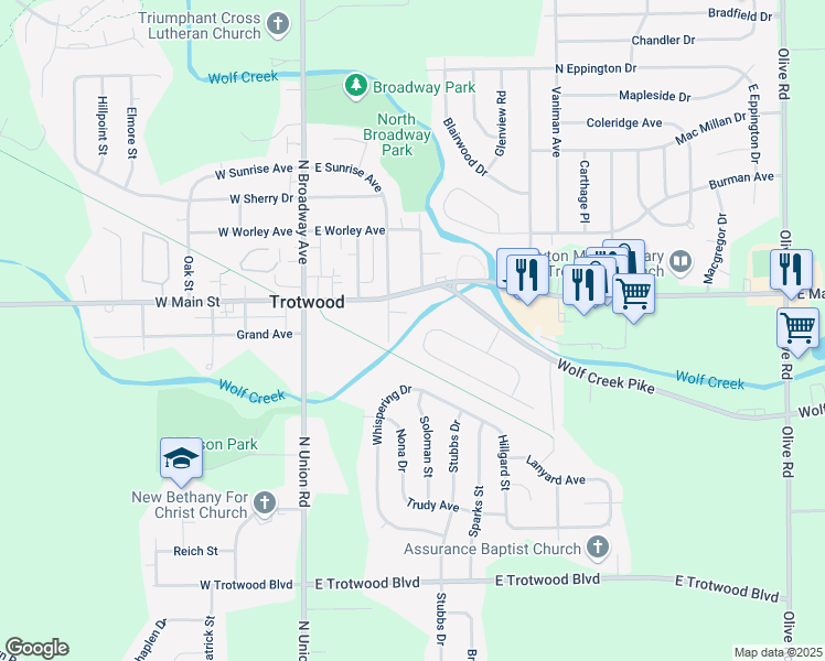 map of restaurants, bars, coffee shops, grocery stores, and more near 2 Mario Dr in Trotwood