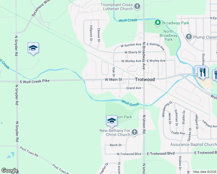 map of restaurants, bars, coffee shops, grocery stores, and more near 217 Grand Avenue in Trotwood