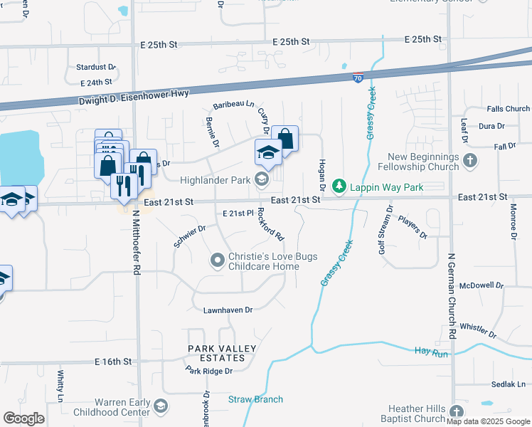 map of restaurants, bars, coffee shops, grocery stores, and more near 2033 Rockford Road in Indianapolis