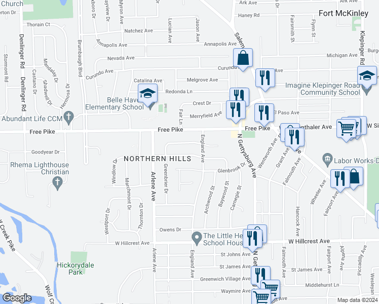 map of restaurants, bars, coffee shops, grocery stores, and more near 4233 Ardery Drive in Dayton