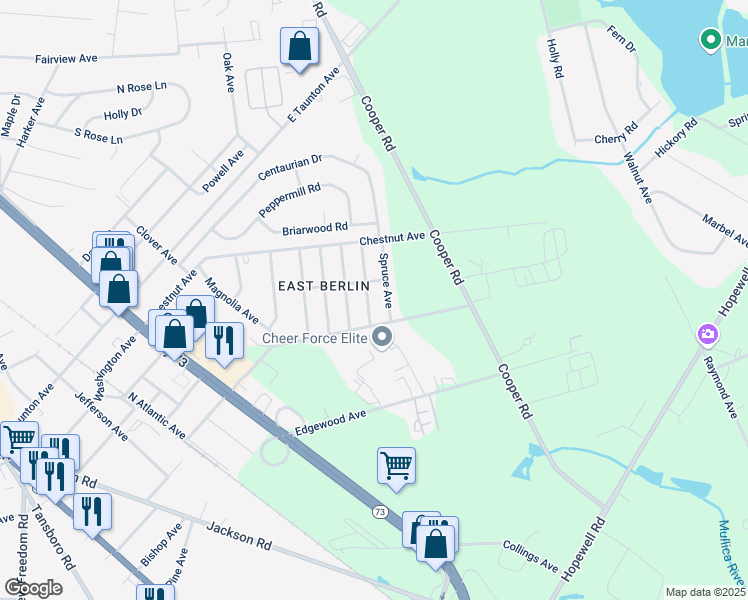 map of restaurants, bars, coffee shops, grocery stores, and more near 335 Cedar Avenue in Berlin Township
