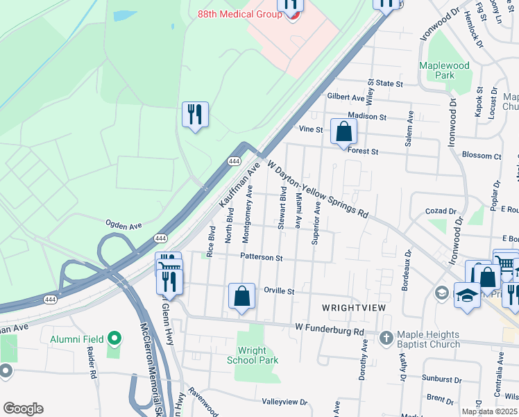 map of restaurants, bars, coffee shops, grocery stores, and more near 1631 Wilbur Avenue in Fairborn