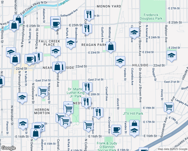 map of restaurants, bars, coffee shops, grocery stores, and more near 2120 Carrollton Avenue in Indianapolis