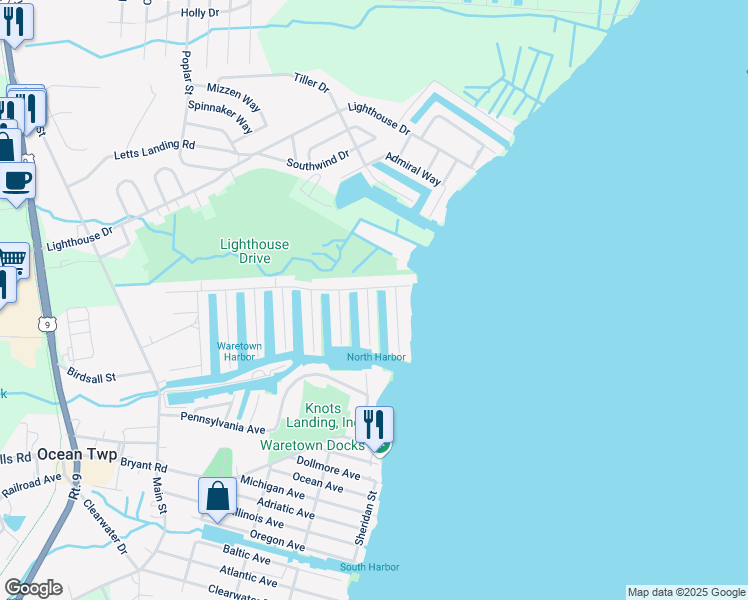 map of restaurants, bars, coffee shops, grocery stores, and more near 3 Jolly Roger Way in Ocean Township