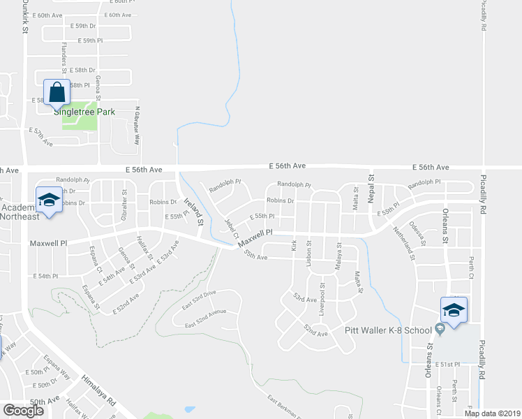 map of restaurants, bars, coffee shops, grocery stores, and more near 5555 Killarney Street in Denver