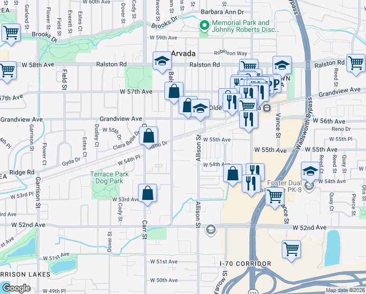 map of restaurants, bars, coffee shops, grocery stores, and more near 8155 West 54th Lane in Arvada