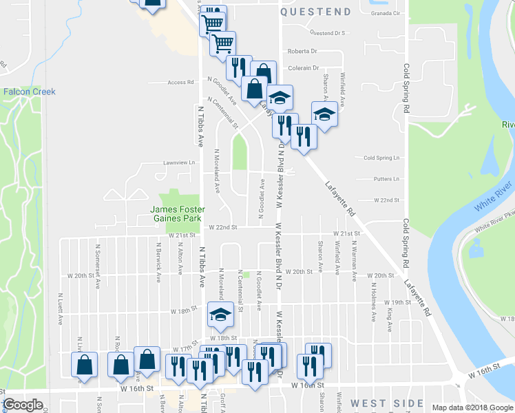 map of restaurants, bars, coffee shops, grocery stores, and more near 2226 North Goodlet Avenue in Indianapolis
