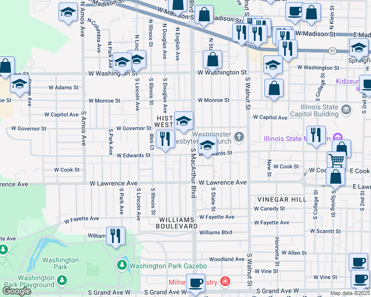 map of restaurants, bars, coffee shops, grocery stores, and more near 547 South MacArthur Boulevard in Springfield