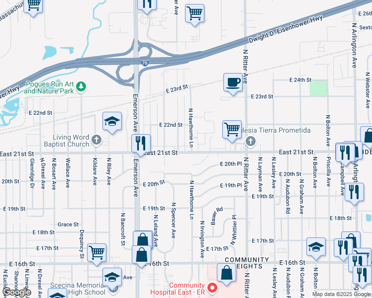 map of restaurants, bars, coffee shops, grocery stores, and more near 5238 East 21st Street in Indianapolis